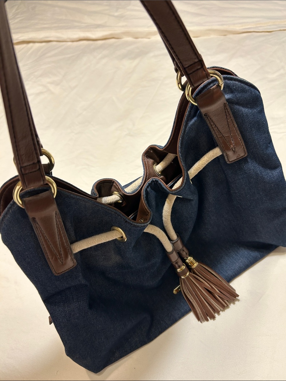 Liz Claiborne Navy Denim Shoulder Tote with Brown Leather Trim